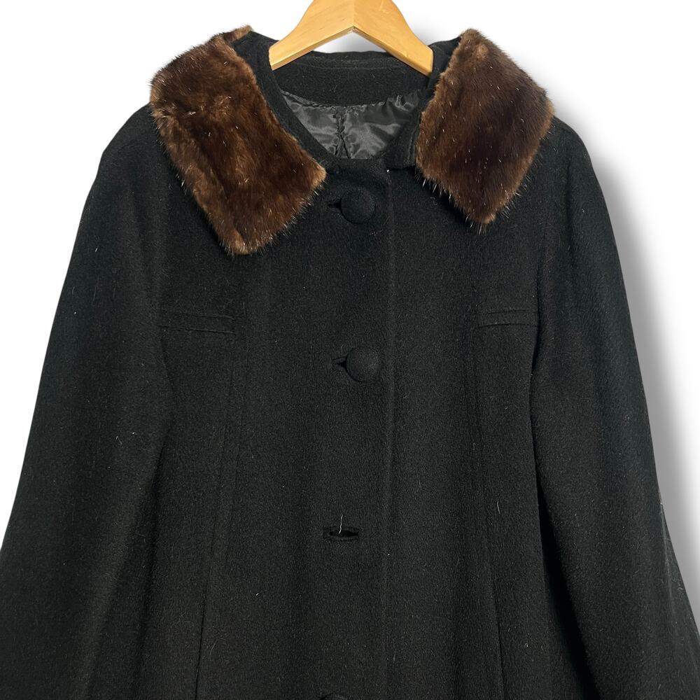 Vintage 60s Wool Swing Coat Black Mink Fur Collar Lined Size Large Camel Hair(?) - Picture 3 of 14